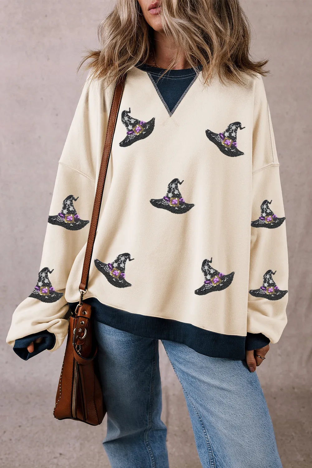 Sequin Witch's Hat Print Long Sleeve Sweatshirt