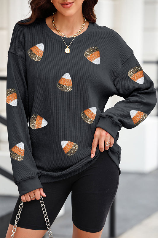 Sequin Candy Corn Round Neck Long Sleeve Sweatshirt