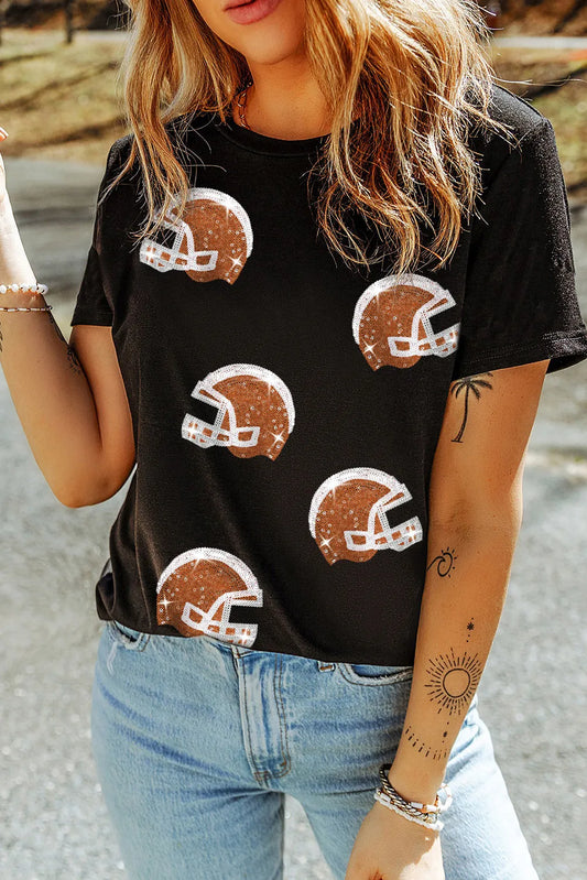 Football Helmet Sequin Round Neck Short Sleeve T-Shirt