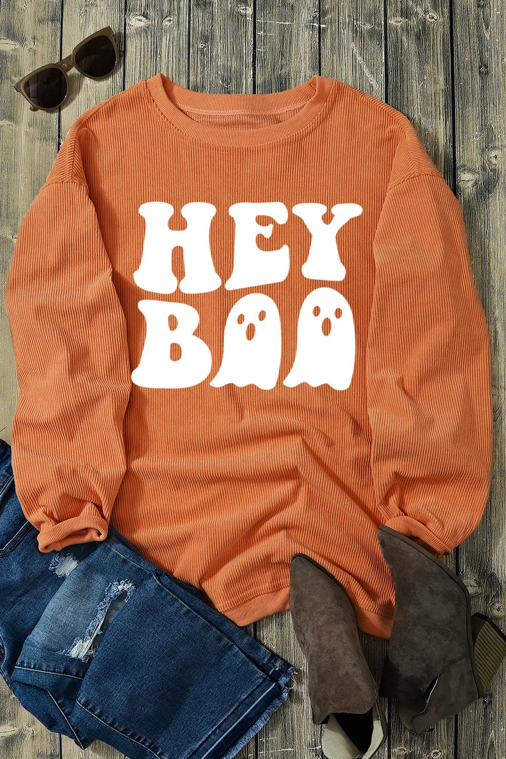 HEY BOO Letter Graphic Round Neck Long Sleeve Sweatshirt