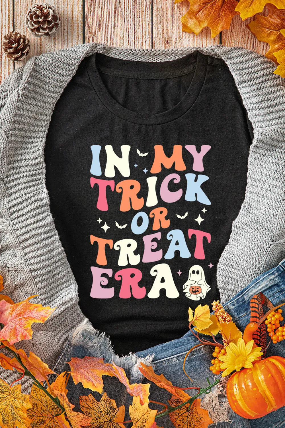 IN MY TRICK OR TREAT ERA Letter Graphic Round Neck Short Sleeve T-Shirt