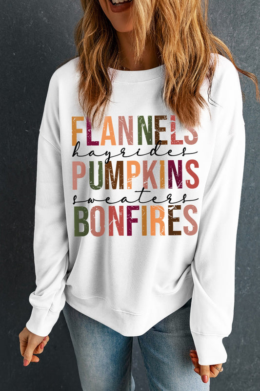 FLANNELS HAYRIDES PUMPKINS SWEATERS BONFIRES Letter Graphic Round Neck Long Sleeve Sweatshirt