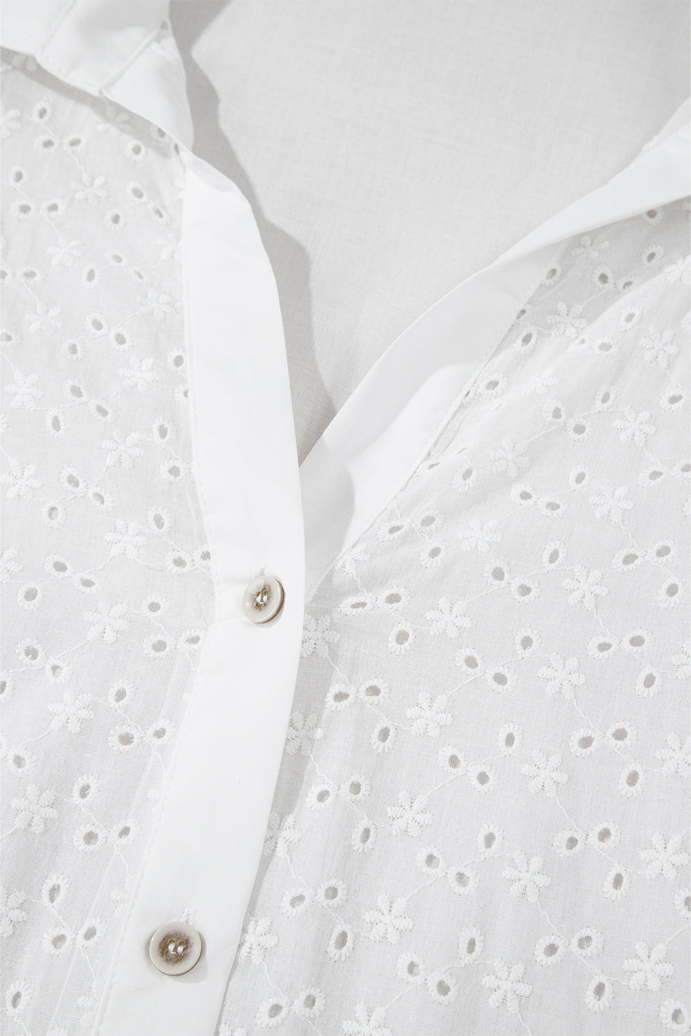 Embroidered Eyelet Collared Neck Long Sleeve Shirt