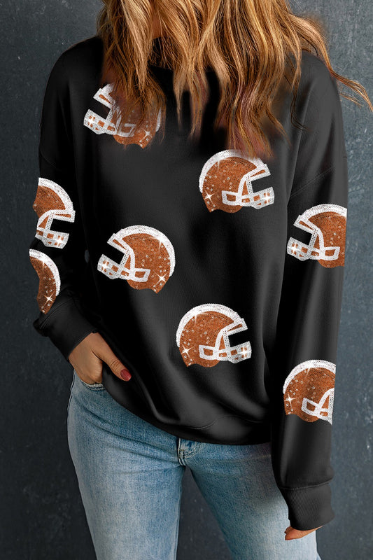 Sequin Football Helmets Round Neck Long Sleeve Sweatshirt