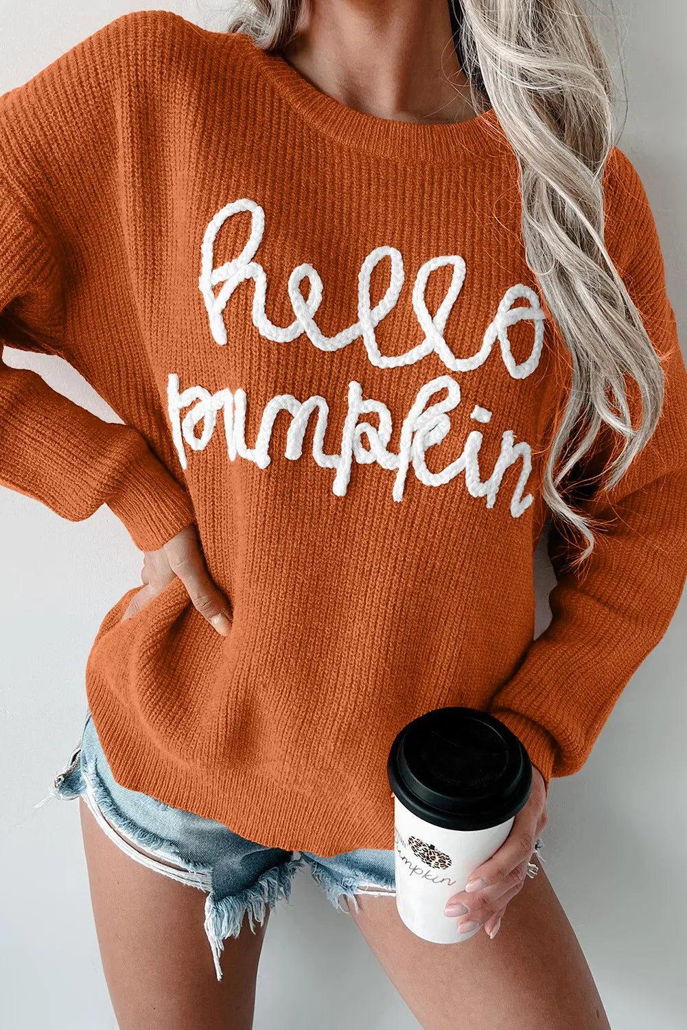 HELLO PUMPKIN Contrast Letter Round Neck Long Sleeve Sweater