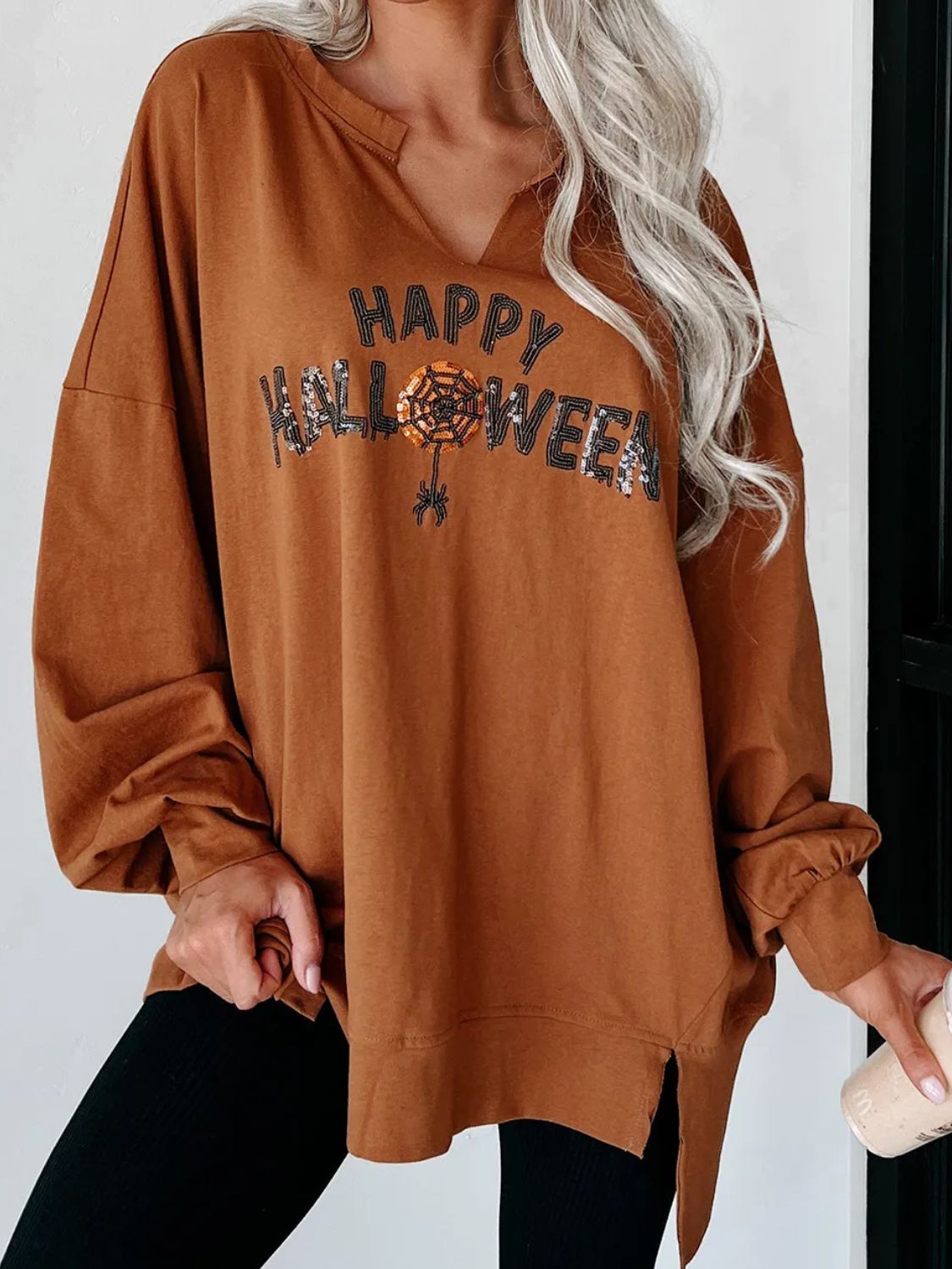 HAPPY HALLOWEEN Sequin Letter Graphic Notched Long Sleeve Sweatshirt