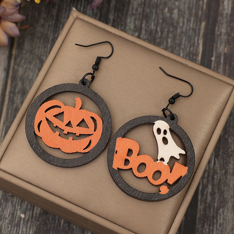 Hollow Pumpkin & Letter Wooden Earrings