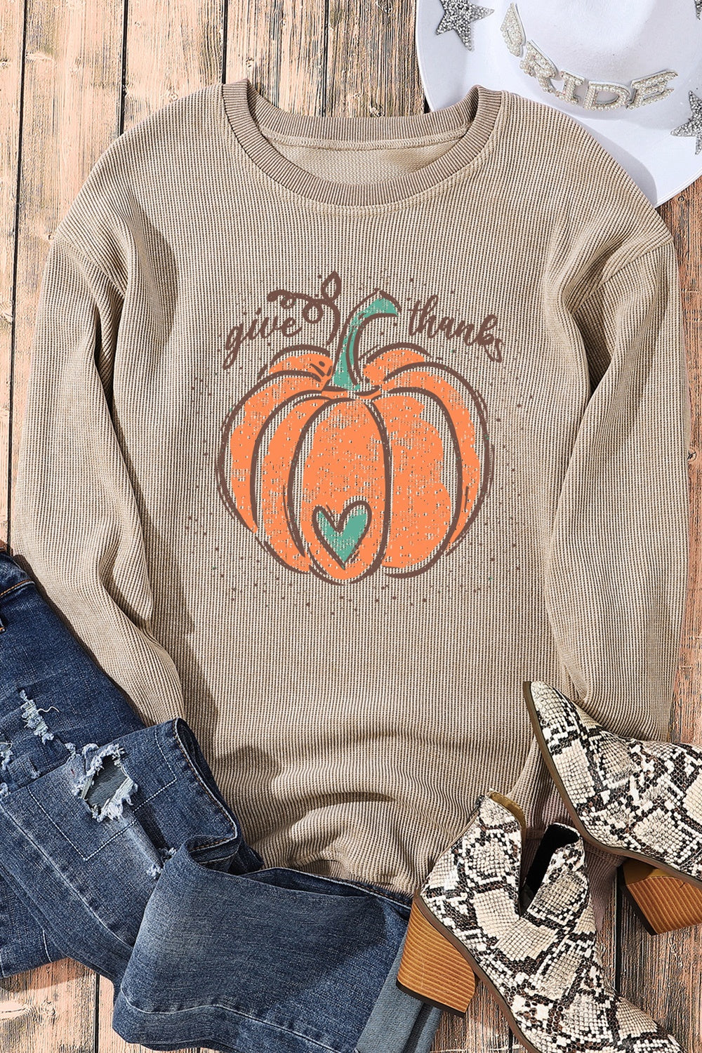 GIVE THANKS Pumpkin Graphic Round Neck Long Sleeve Sweatshirt