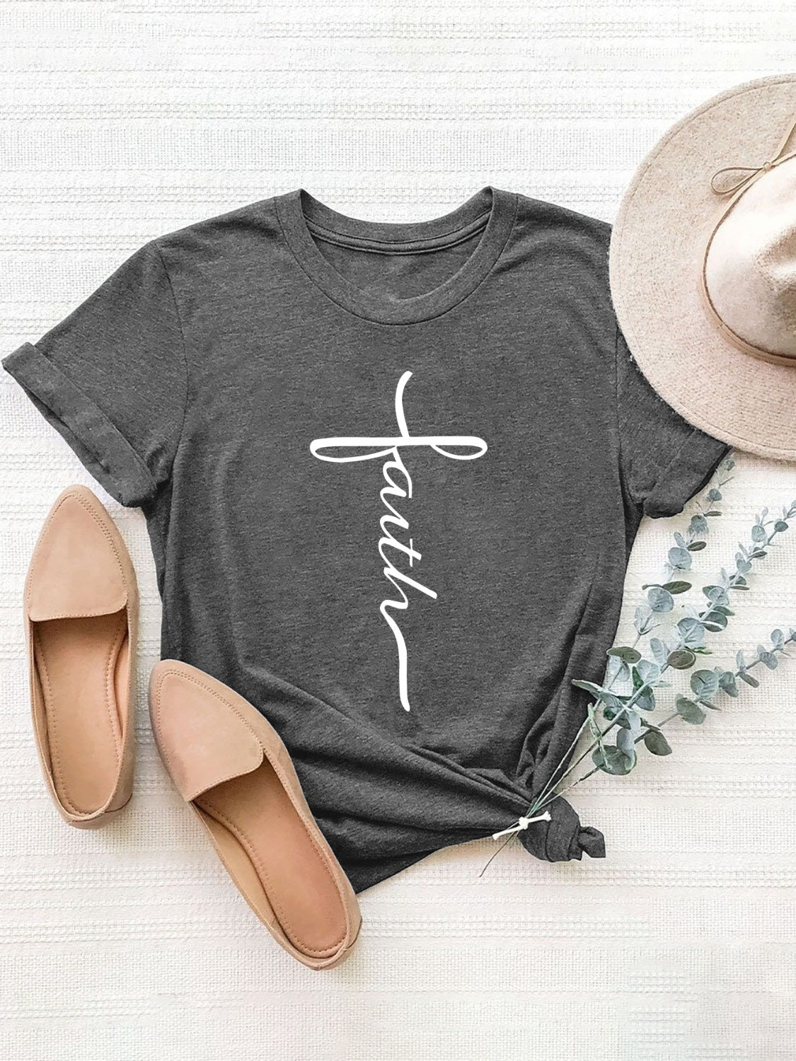 FAITH Cross Letter Graphic Round Neck Short Sleeve T-Shirt