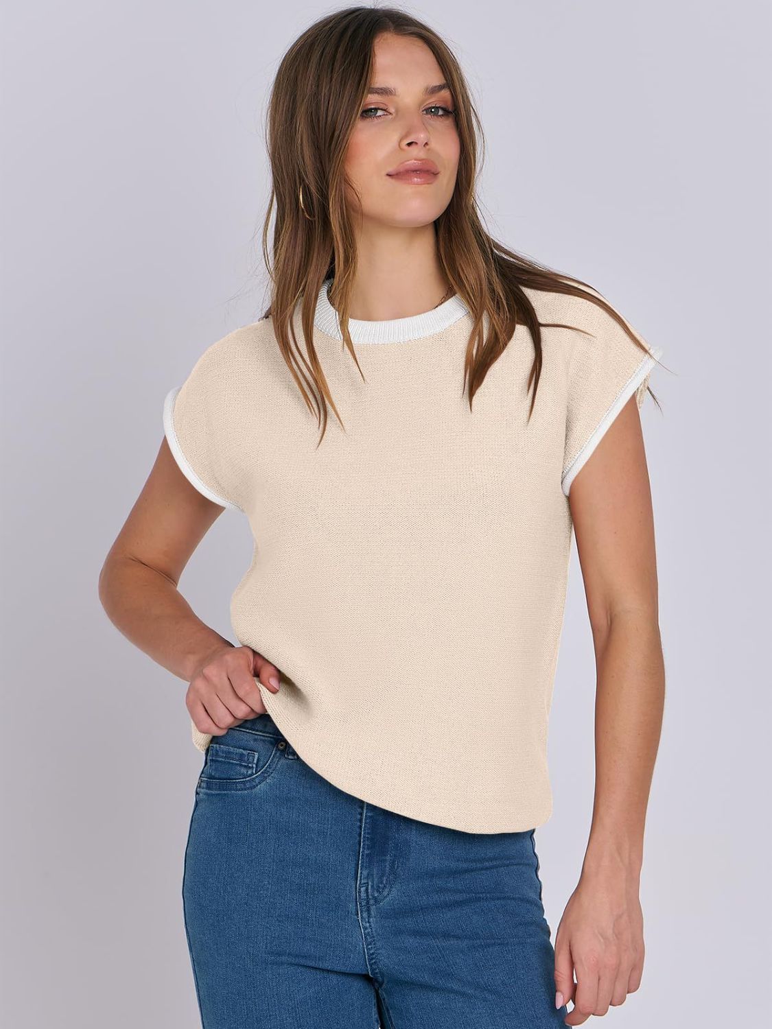 Mandy Contrast Round Neck Cap Sleeve Sweater