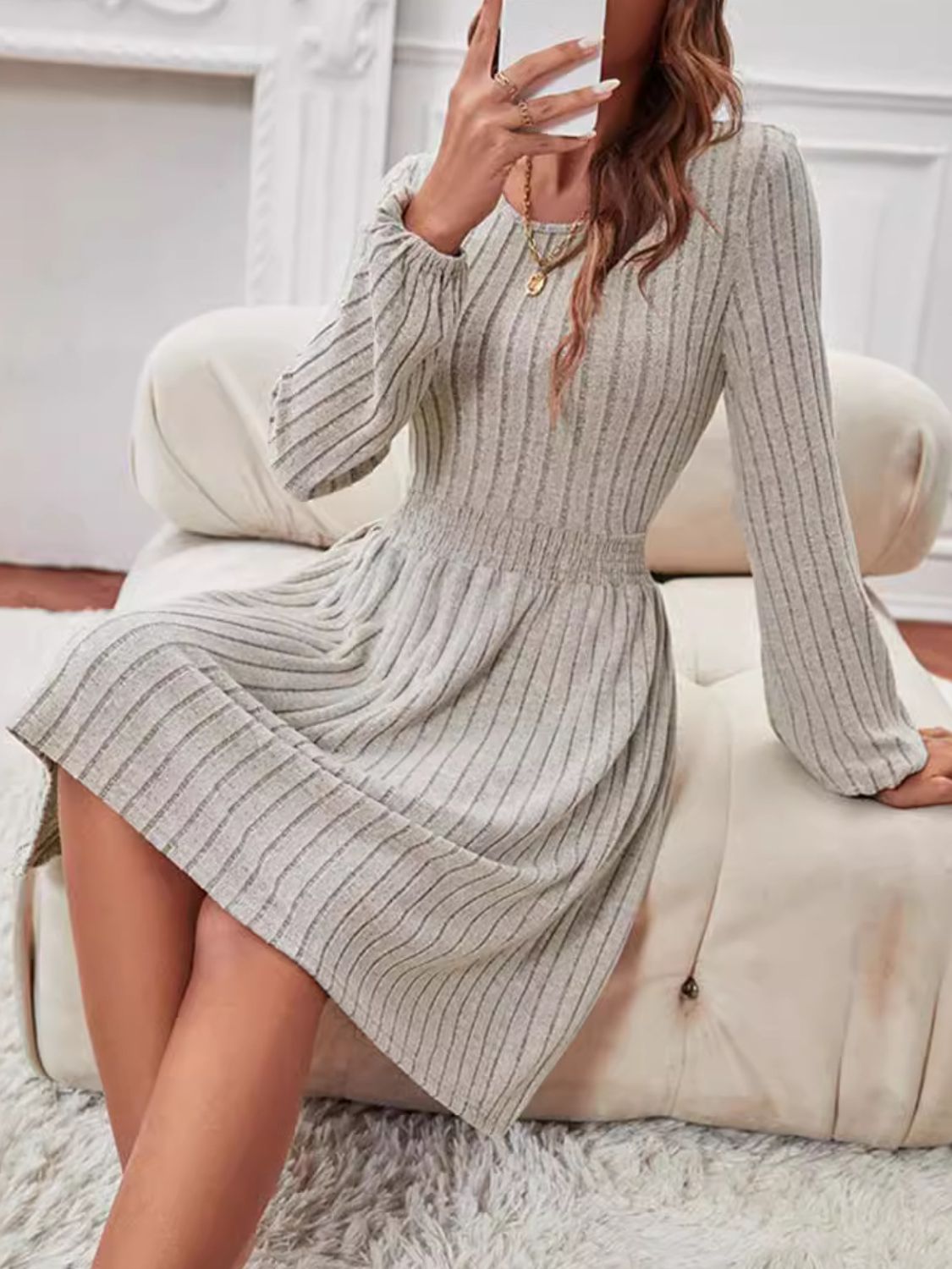 Smocked Round Neck Long Sleeve Knee Length Dress