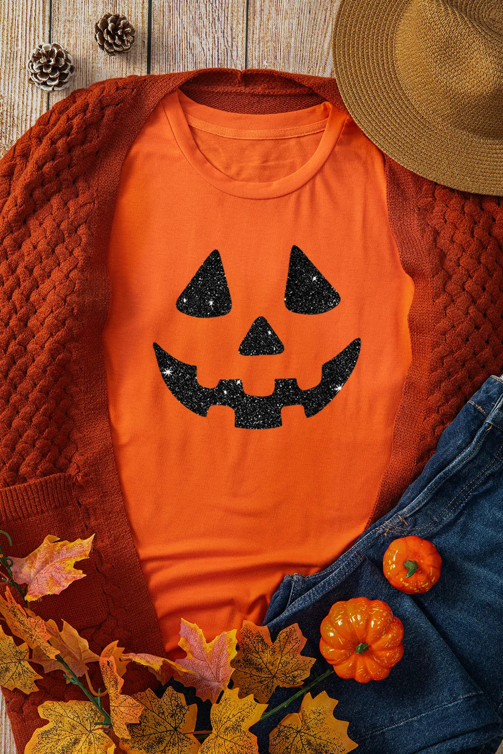 PUMPKIN Full Size Glitter Round Neck Short Sleeve T-Shirt