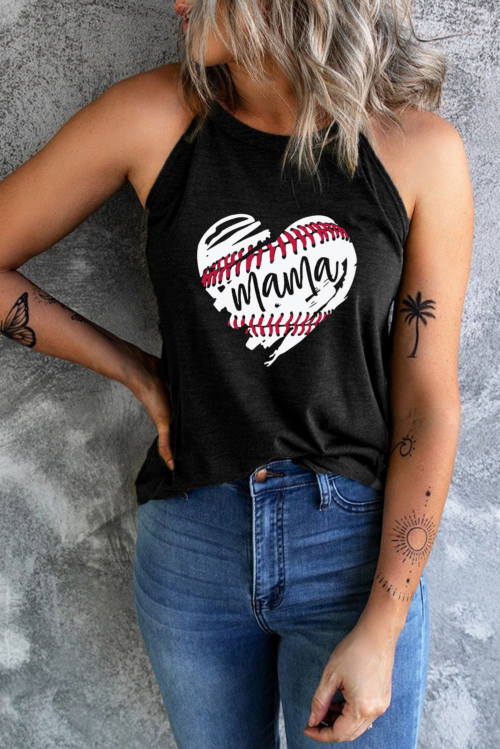 Baseball Mama Heart Graphic Round Neck Tank