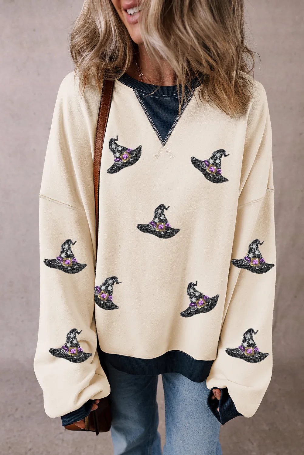 Sequin Witch's Hat Print Long Sleeve Sweatshirt