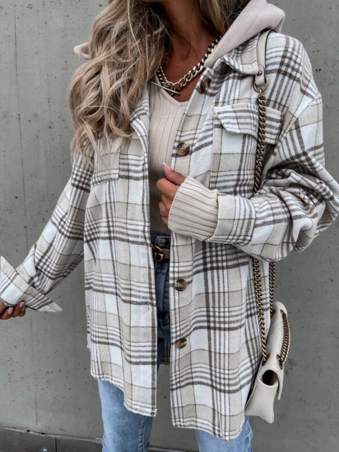 Plaid Button Up Hooded Jacket