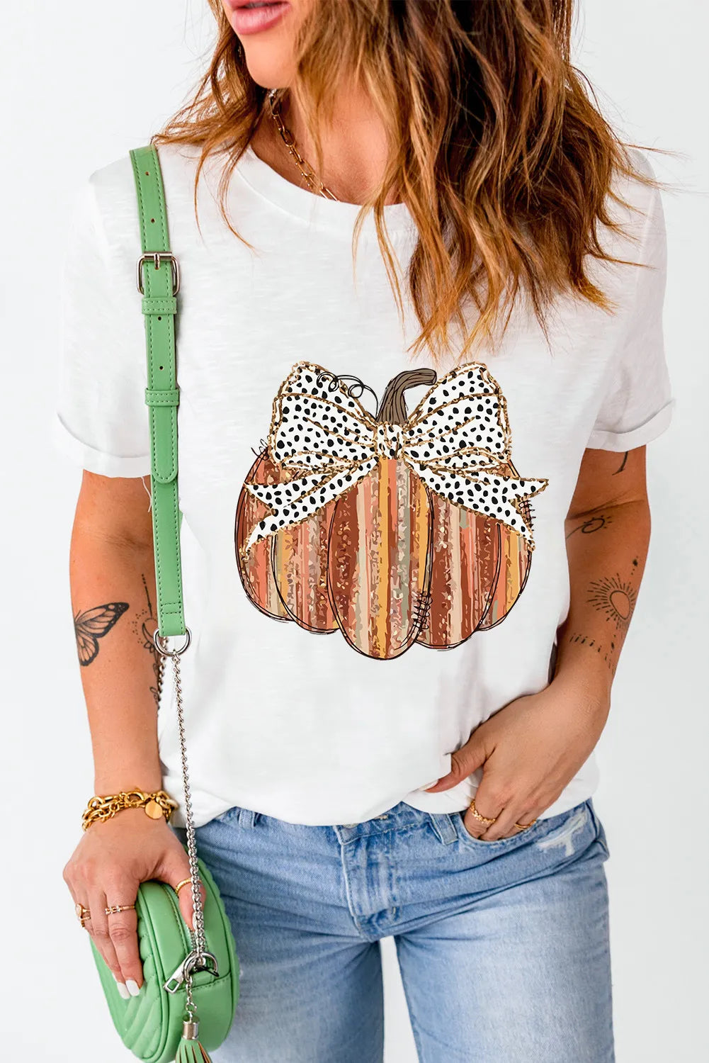 Full Size Pumpkin with Bow Round Neck Short Sleeve T-Shirt