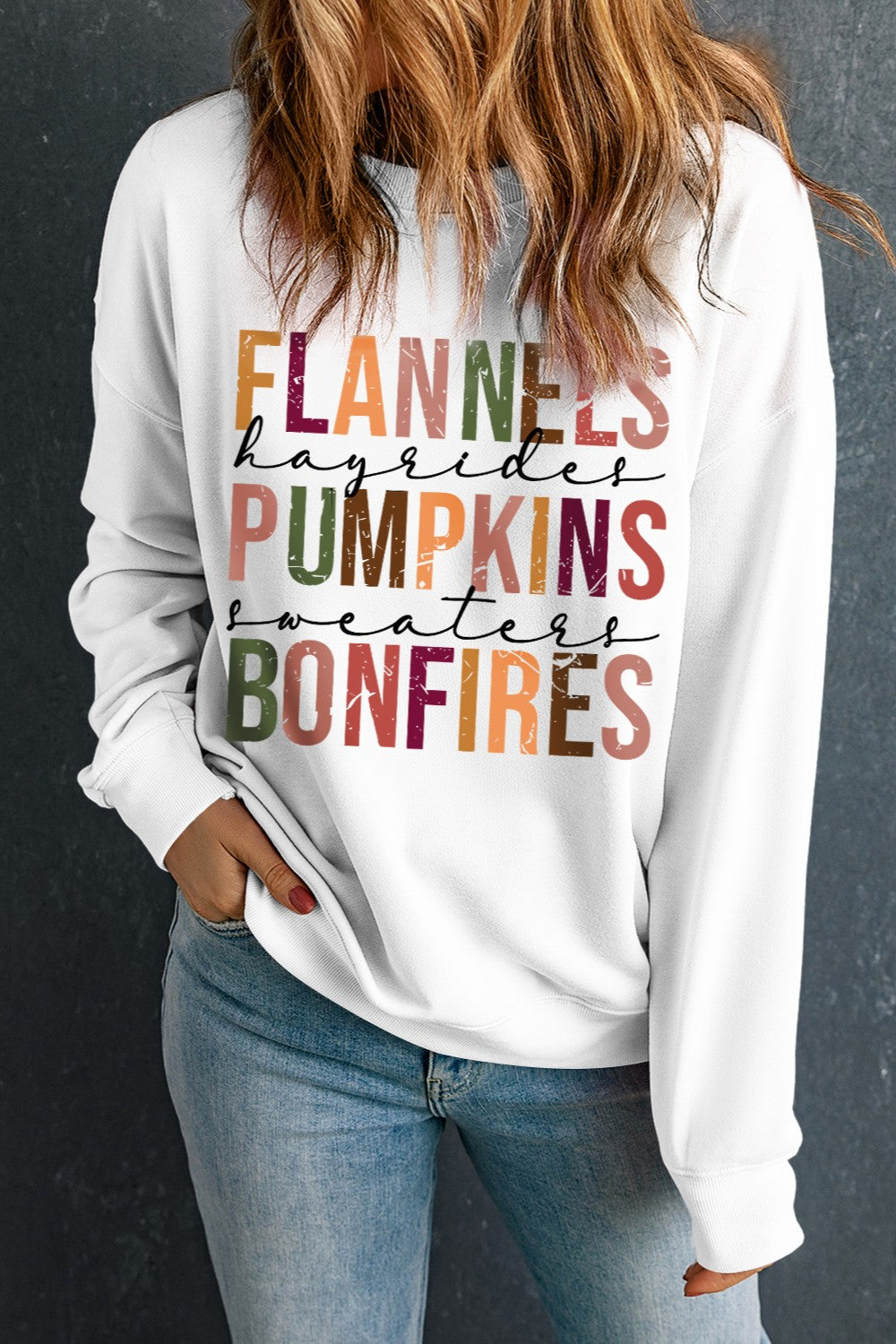 FLANNELS HAYRIDES PUMPKINS SWEATERS BONFIRES Letter Graphic Round Neck Long Sleeve Sweatshirt