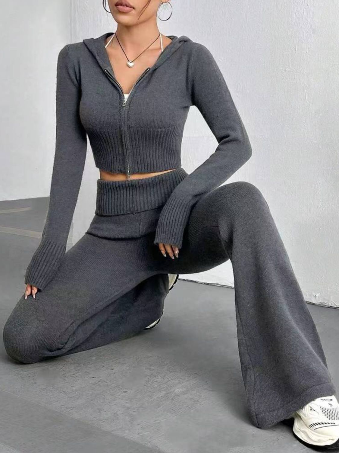 Zip Up Hooded Top and Flare Pants Sweater Set