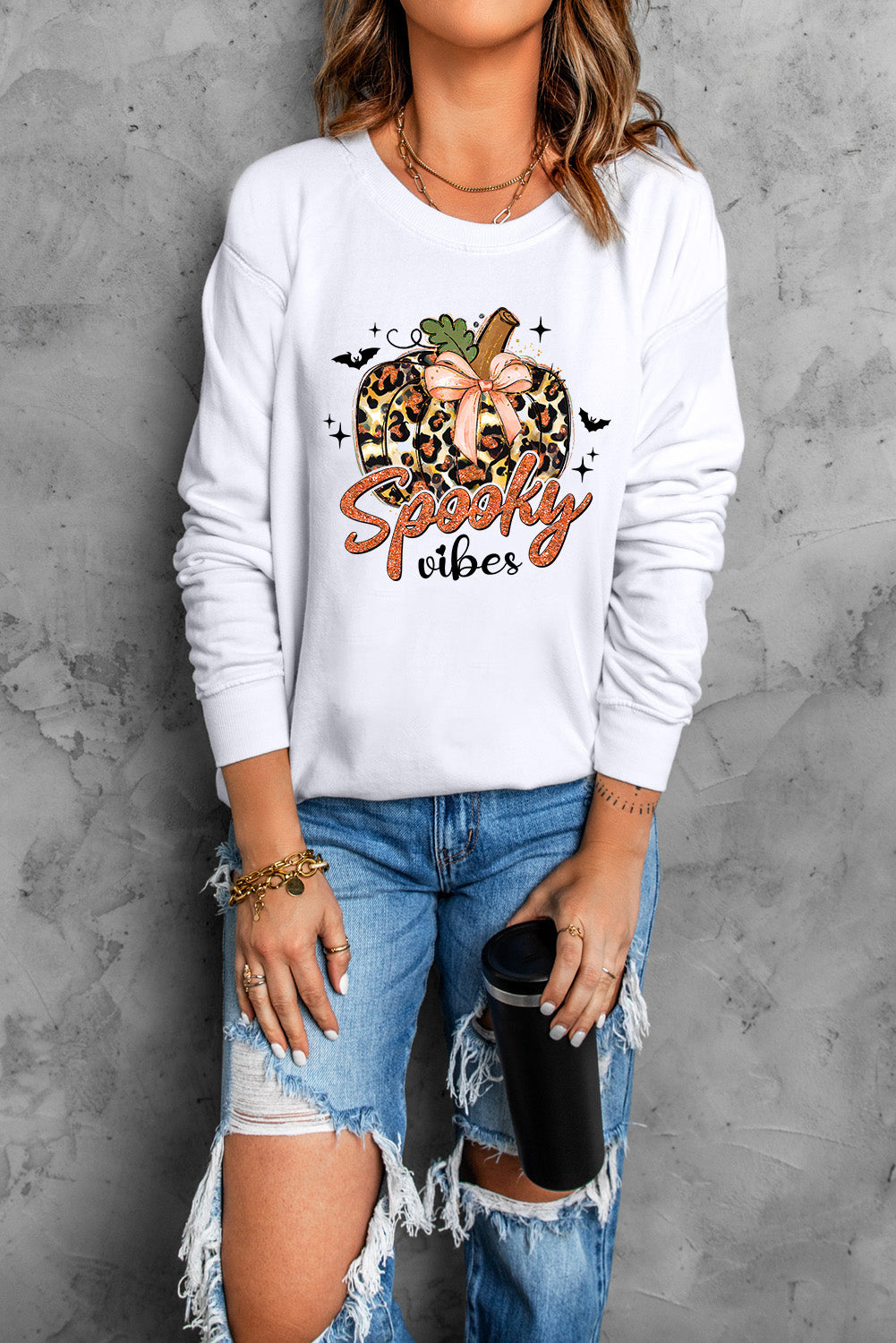 SPOOKY VIBES Graphic Round Neck Long Sleeve Sweatshirt