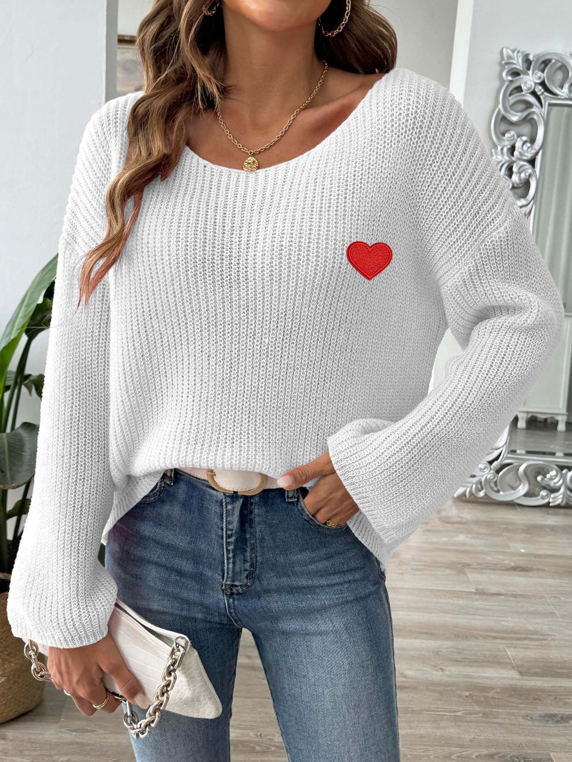 Heart Boat Neck Dropped Shoulder Sweater