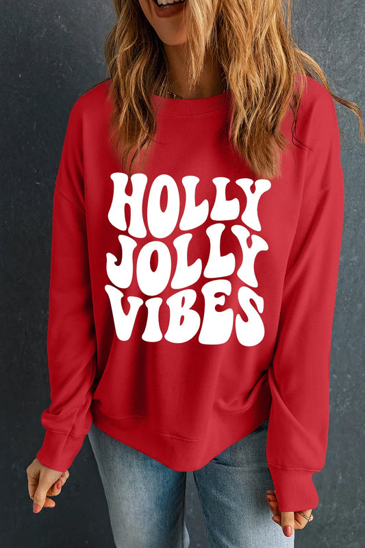 HOLLY JOLLY VIBES Letter Graphic Round Neck Long Sleeve Sweatshirt