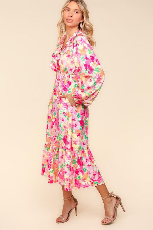 Haptics Full Size Floral Surplice Balloon Sleeve Dress with Side Pockets