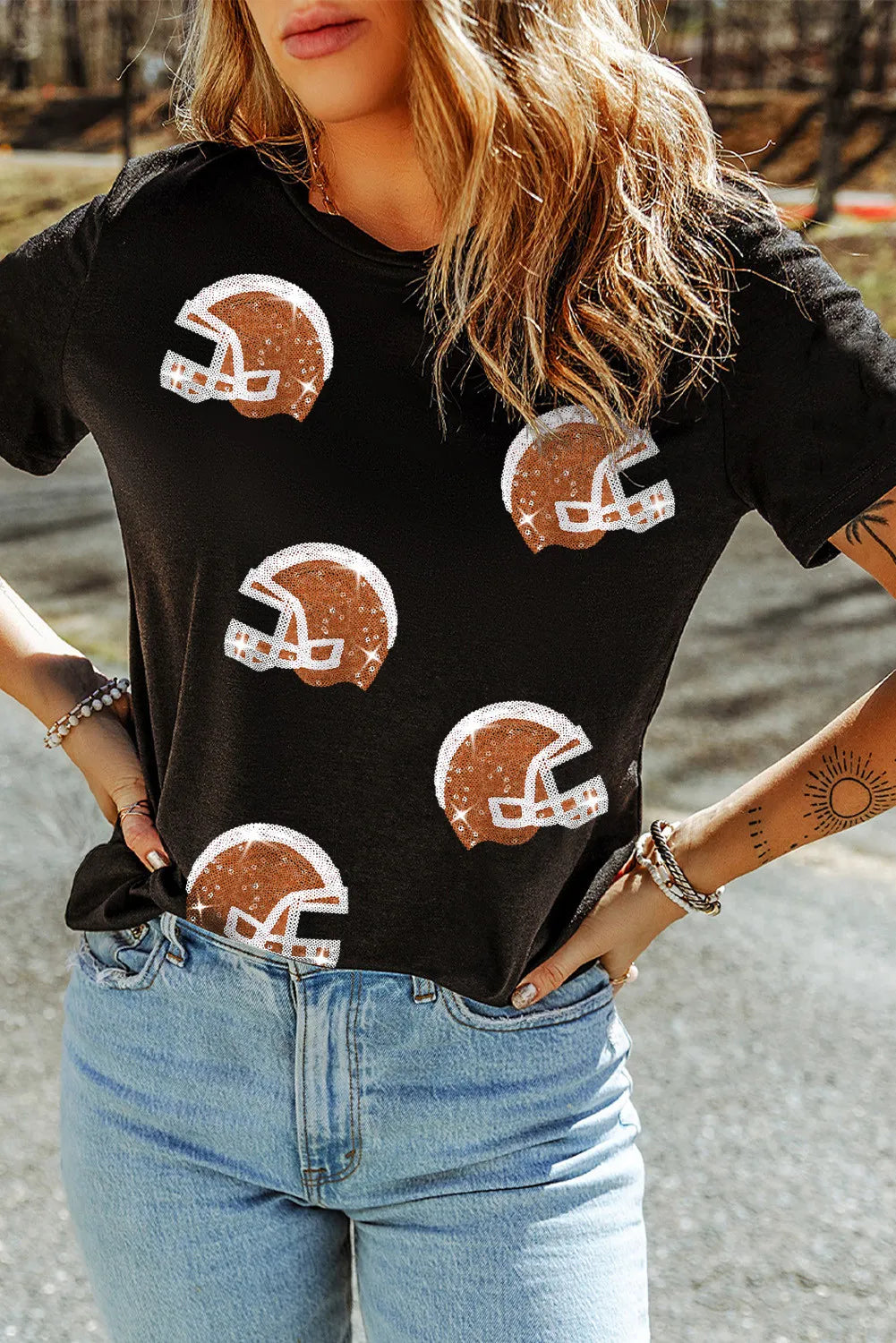 Football Helmet Sequin Round Neck Short Sleeve T-Shirt