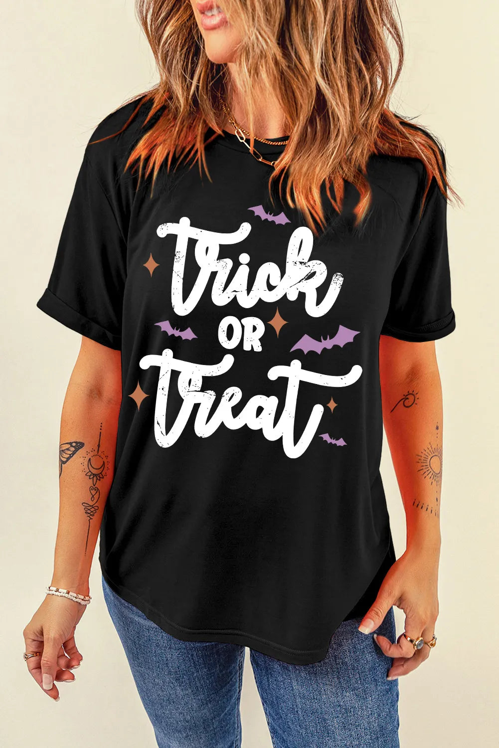 TRICK OR TREAT Letter Graphic Round Neck Short Sleeve T-Shirt