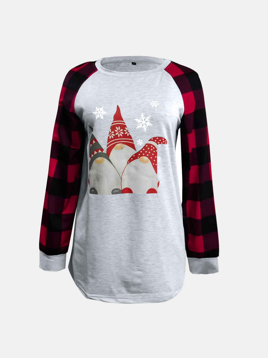 Full Size Winter Gnome Graphic Plaid Round Neck Long Sleeve T-Shirt