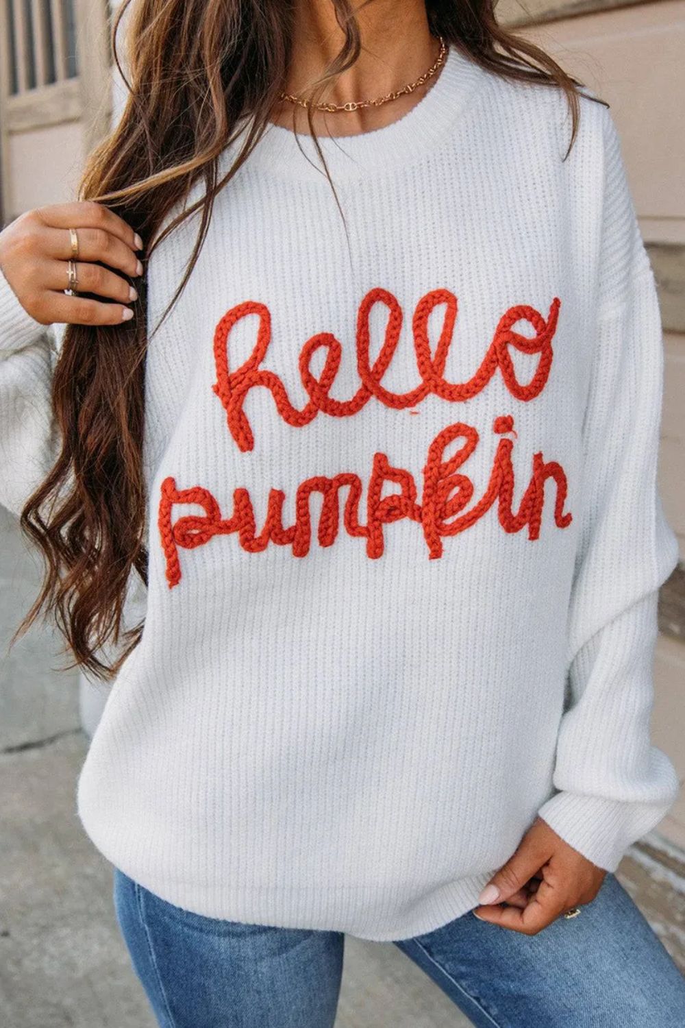 HELLO PUMPKIN Contrast Letter Round Neck Long Sleeve Sweater