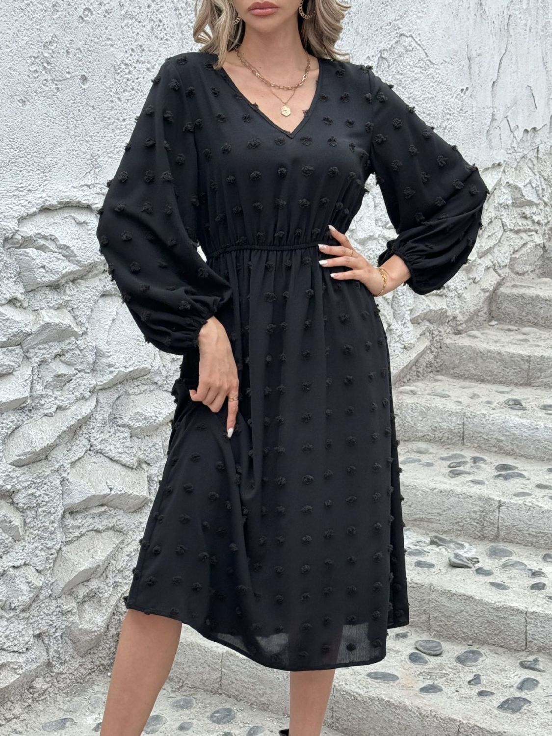 Full Size Swiss Dot V-Neck Long Sleeve Midi Dress