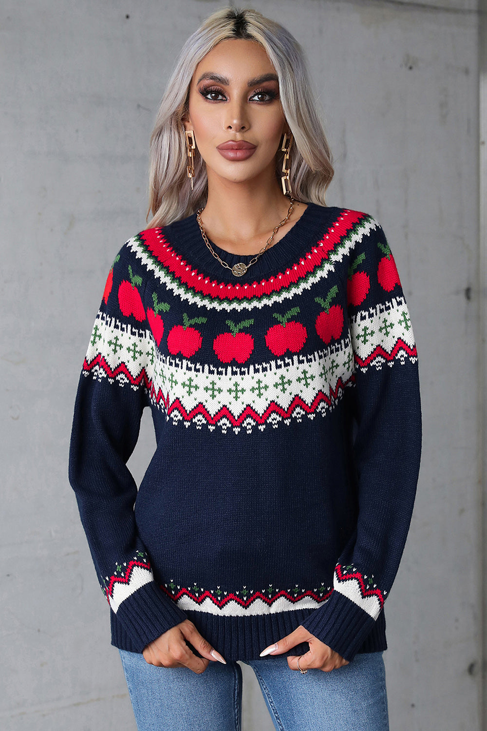 Apple Round Neck Long Sleeve Sweater