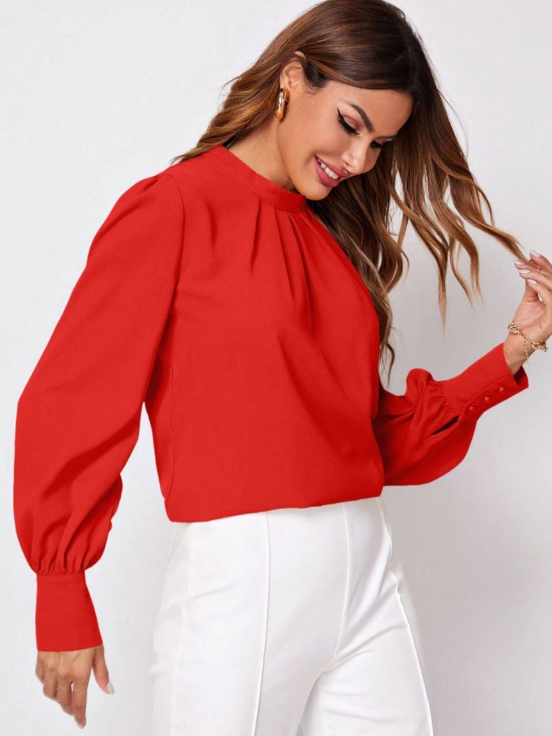 Ruched Mock Neck Long Sleeve Blouse