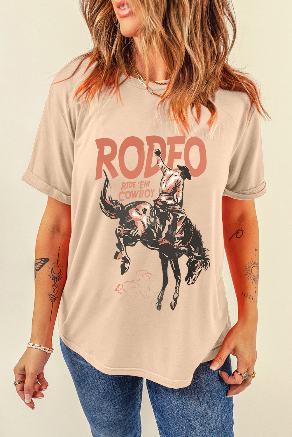 RODEO RIDE 'EM COWBOY Cowboy Graphic Round Neck Short Sleeve T-Shirt