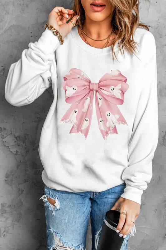 Ghost Bow Round Neck Long Sleeve Sweatshirt