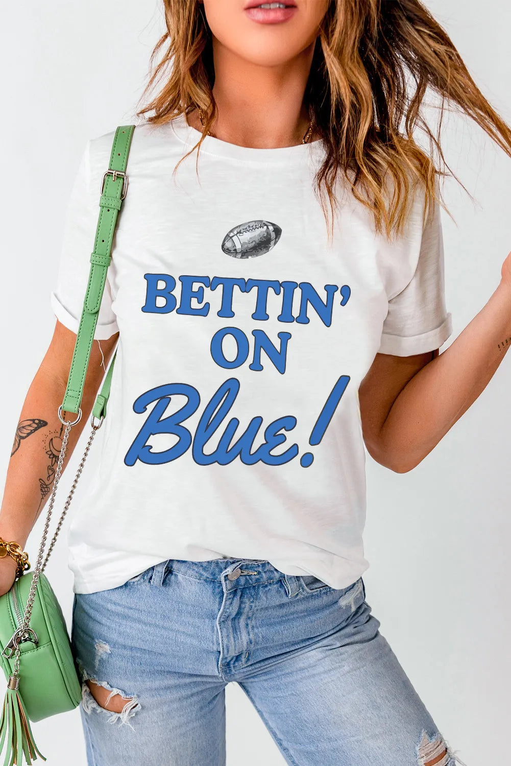 (Copy) BETTIN' ON BLUE! Letter Graphic Round Neck Short Sleeve T-Shirt