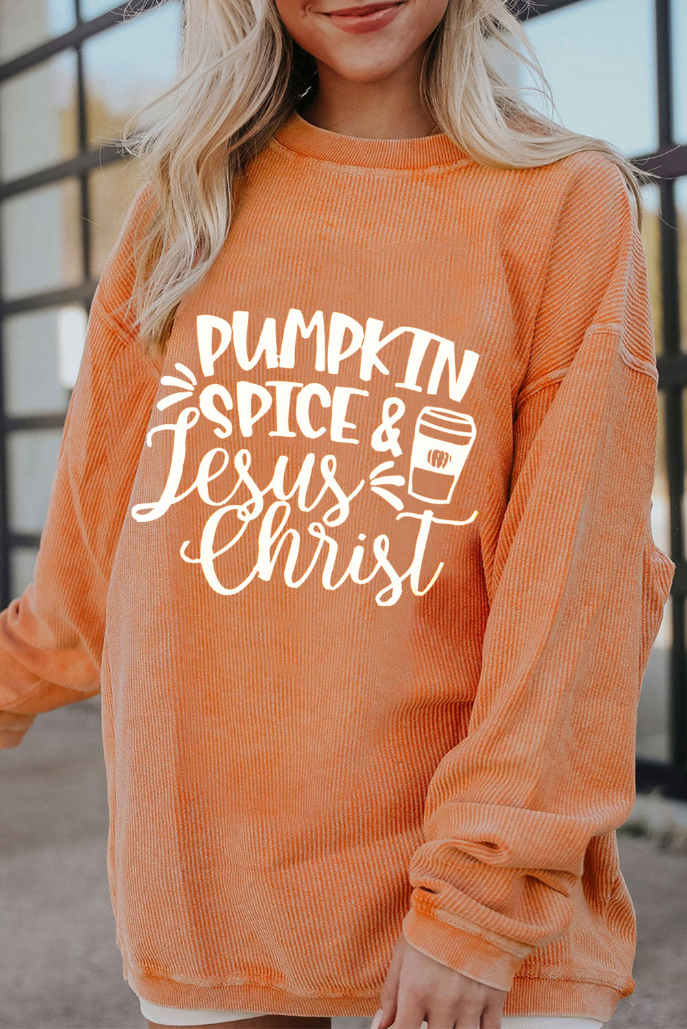 PUMPKIN SPICE & JESUS CHRIST Letter Graphic Round Neck Long Sleeve Oversize Sweatshirt