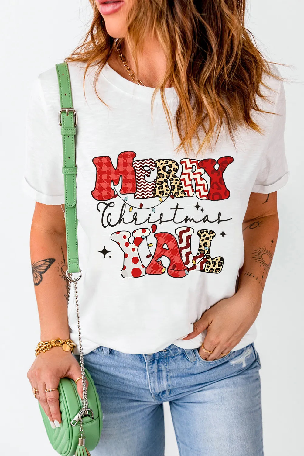 MERRY CHRISTMAS Y'ALL Letter Graphic Round Neck Short Sleeve T-Shirt