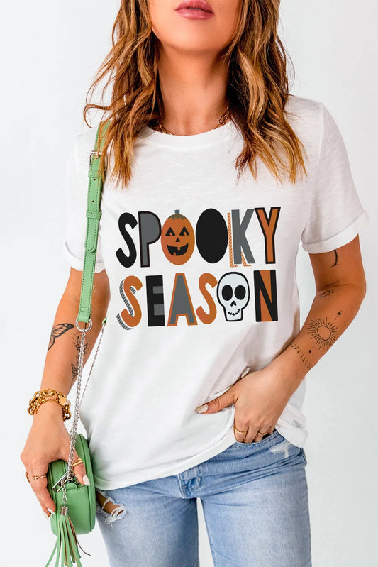 SPOOKY SEASON Letter Graphic Round Neck Short Sleeve T-Shirt