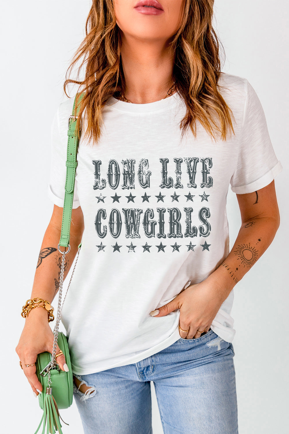 LONG LIVE COWGIRLS Letter Graphic Round Neck Short Sleeve T-Shirt