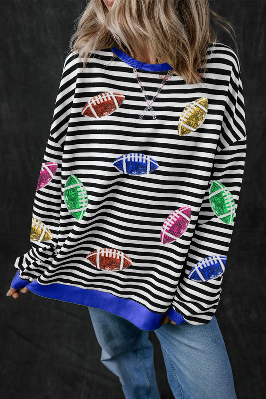 Sequin Football Striped Round Neck Long Sleeve Sweatshirt