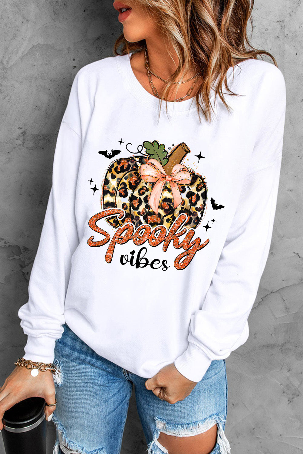 SPOOKY VIBES Graphic Round Neck Long Sleeve Sweatshirt