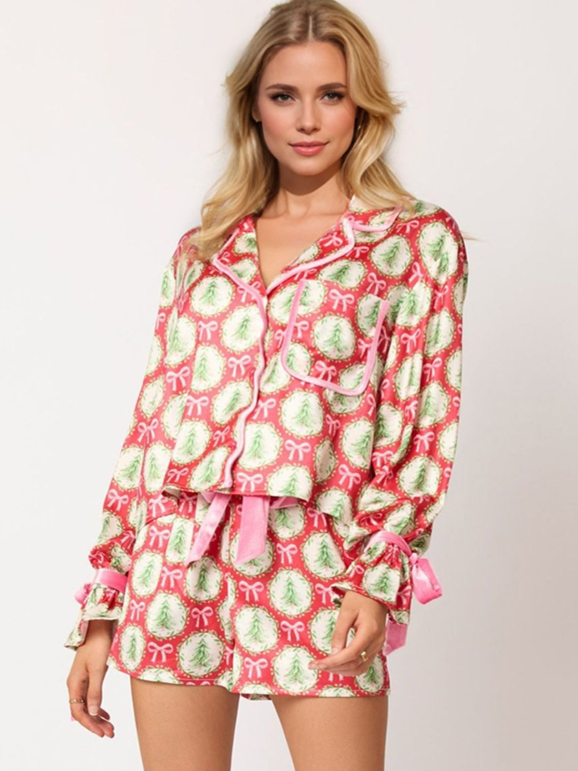 Tied Santa Printed Collared Neck Long Sleeve Top and Shorts Set