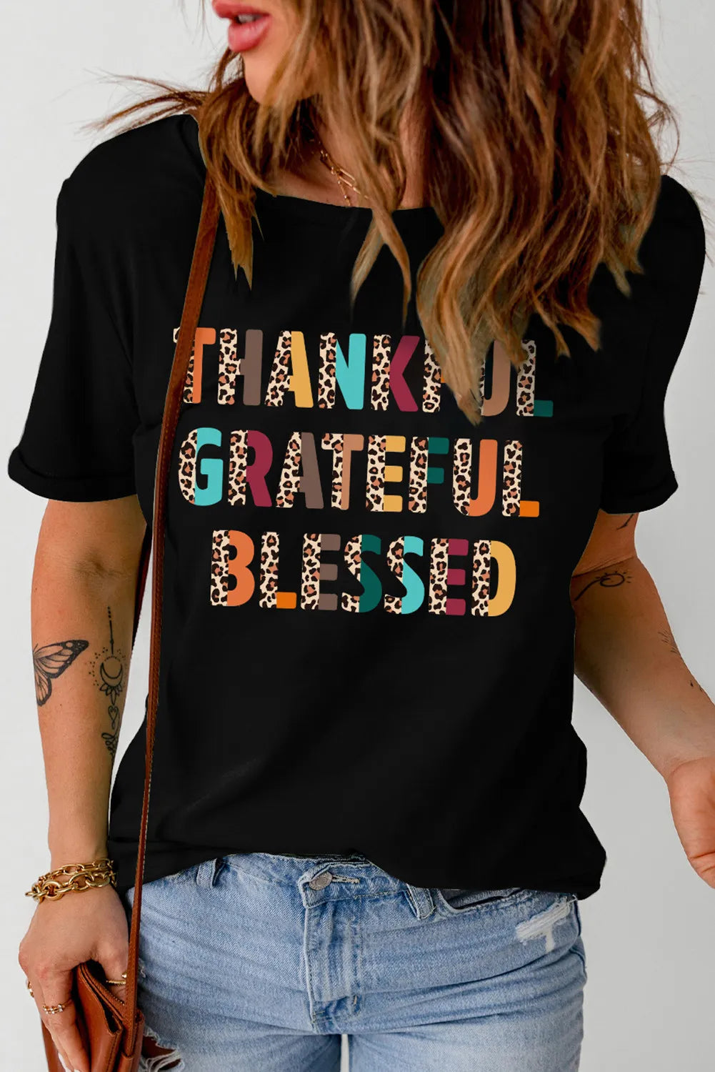 THANKFUL GRATEFUL BLESSED Letter Graphic Round Neck Short Sleeve T-Shirt