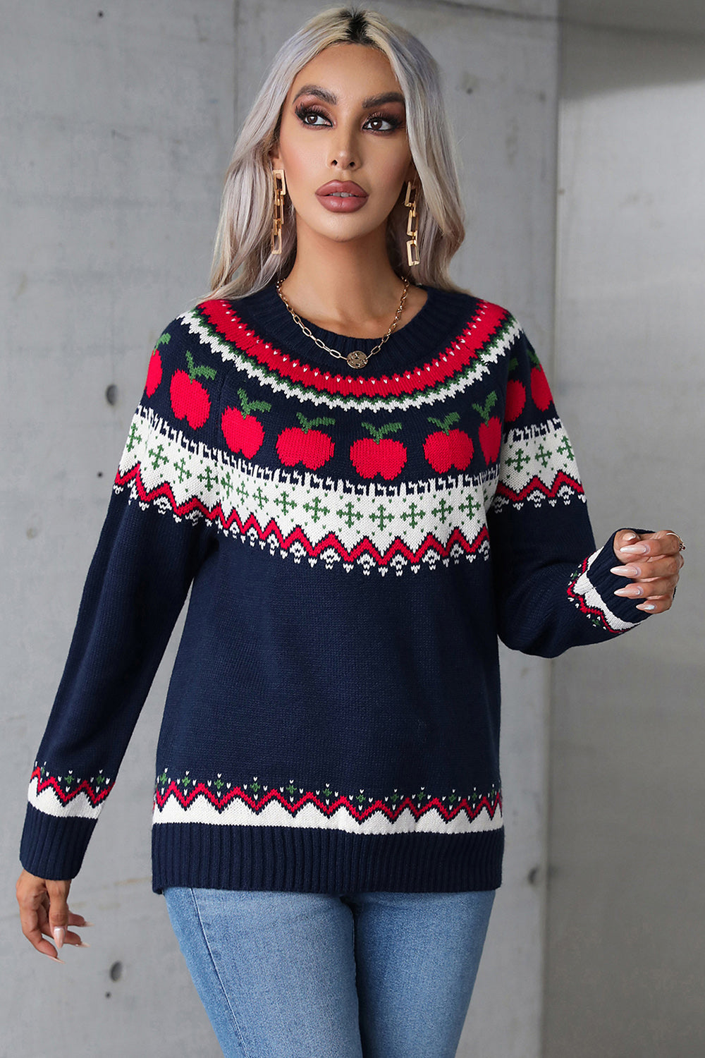 Apple Round Neck Long Sleeve Sweater