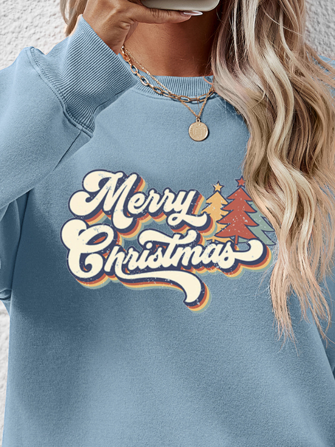 Merry Christmas Letter Graphic Round Neck Sweatshirt