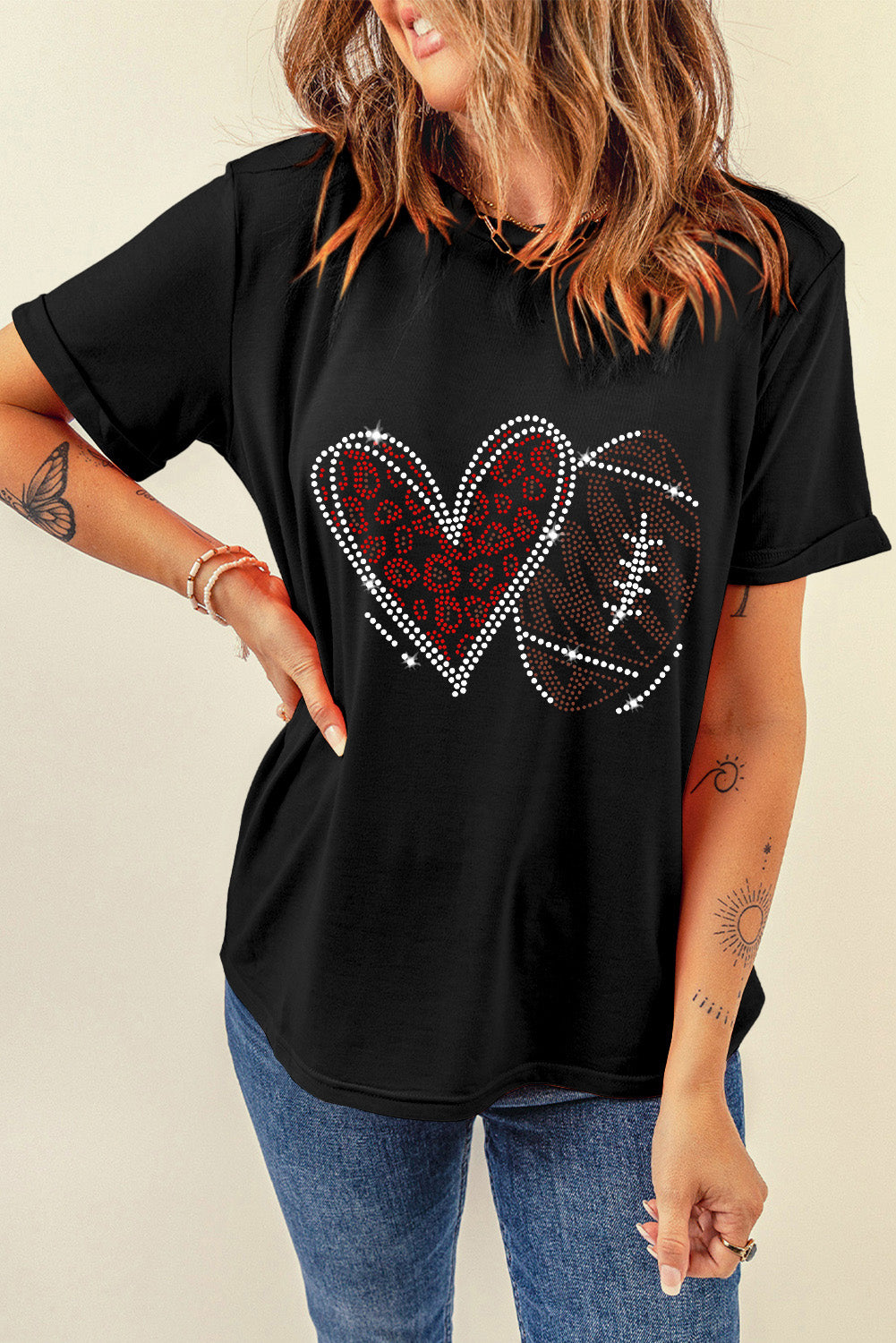 Rhinestone Heart Football Round Neck Short Sleeve T-Shirt