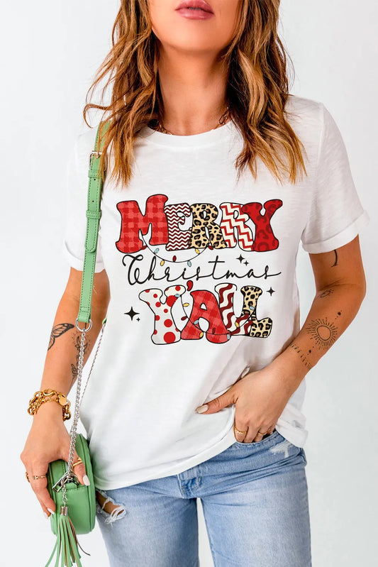 MERRY CHRISTMAS Y'ALL Letter Graphic Round Neck Short Sleeve T-Shirt