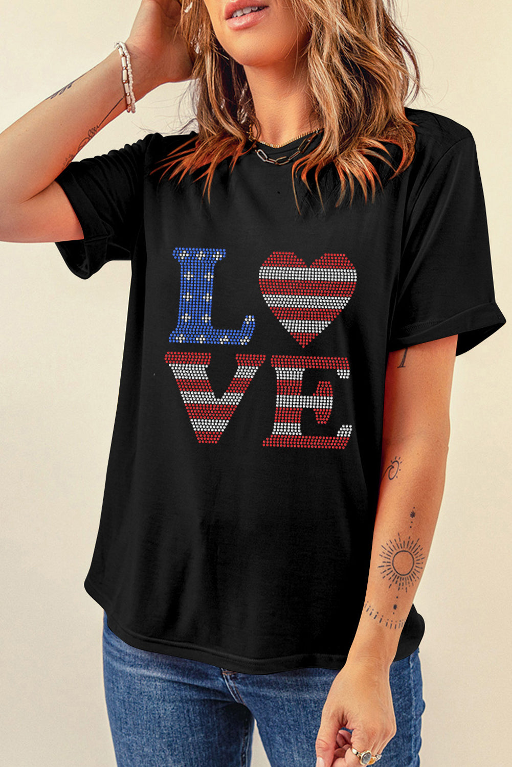 LOVE American Flag Rhinestone Round Neck Short Sleeve T-Shirt