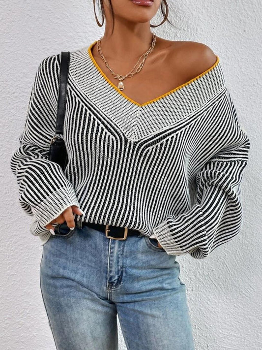 Striped V-Neck Long Sleeve Sweater